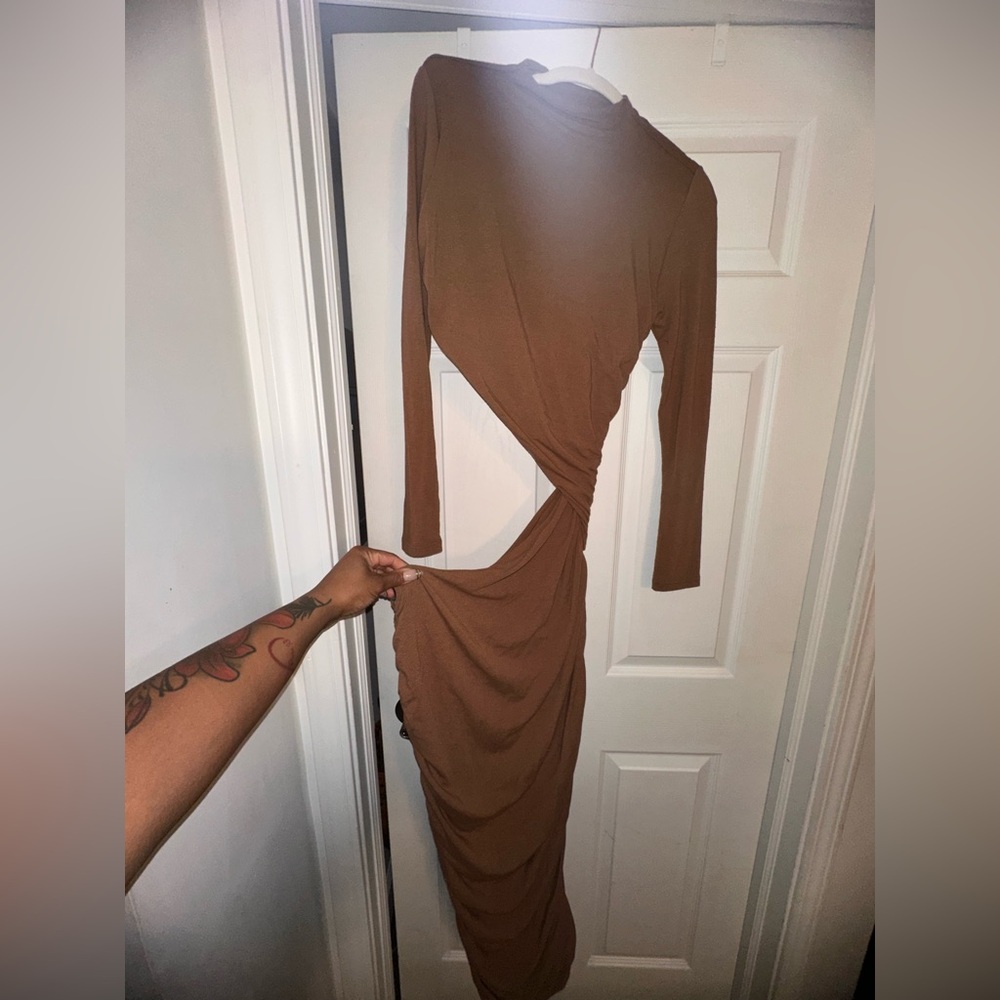 JLUXLABEL Asymmetrical Brown Long Sleeve Dress